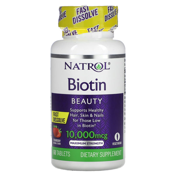 Natrol, Biotin, Fast Dissolve, Maximum Strength, Strawberry, 10,000 mcg, 60 Tablets