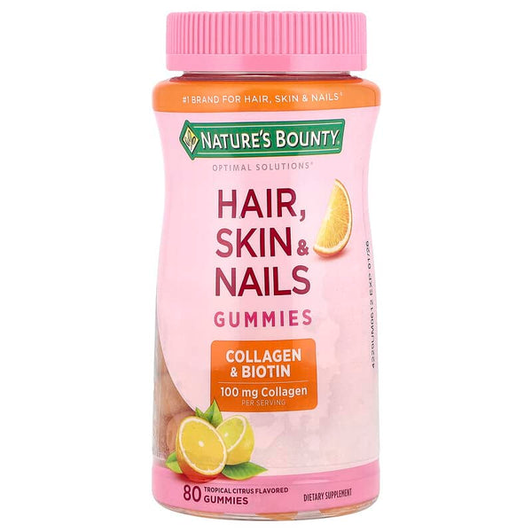 Nature's Bounty, Optimal Solutions, Hair, Skin, & Nails Gummies, Collagen & Biotin, Tropical Citrus, 80 Gummies